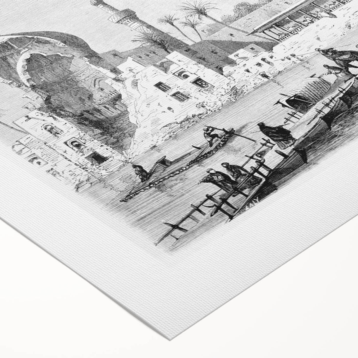 Art deco poster of a Middle Eastern landscape in muted earth tones on rolled canvas, suitable for dining room wall art.