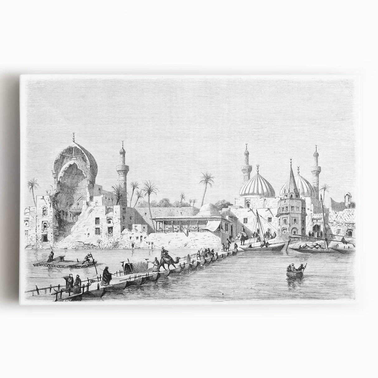 Black and white large art print of Middle Eastern scenery on stretched canvas, ideal for kitchen wall art.