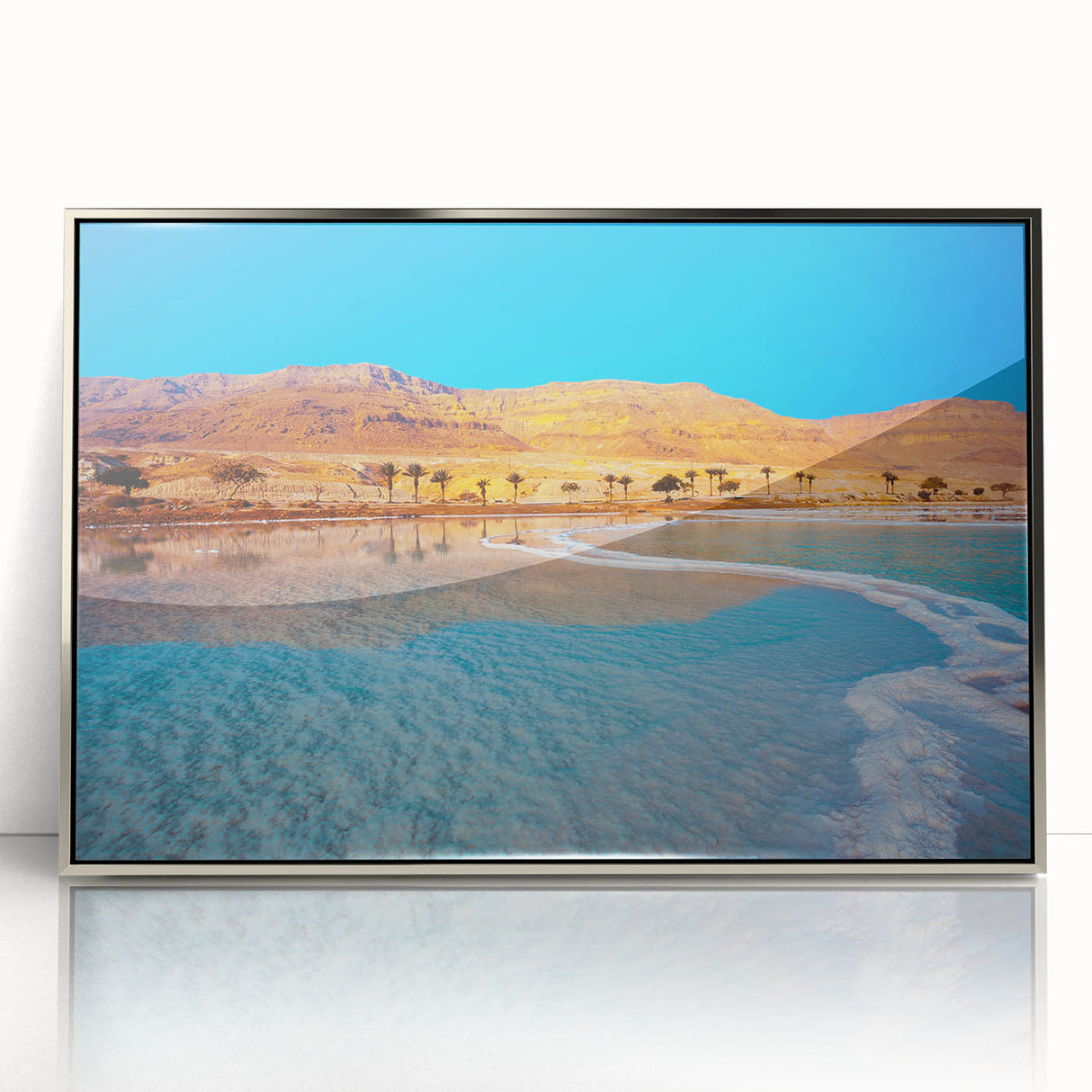 Mid-century modernist art of the Dead Sea in muted blues and grays on a framed acrylic, ideal for modern art wall decor.