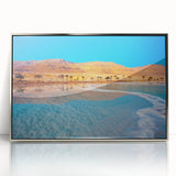 Mid-century modernist art of the Dead Sea in muted blues and grays on a framed acrylic, ideal for modern art wall decor.