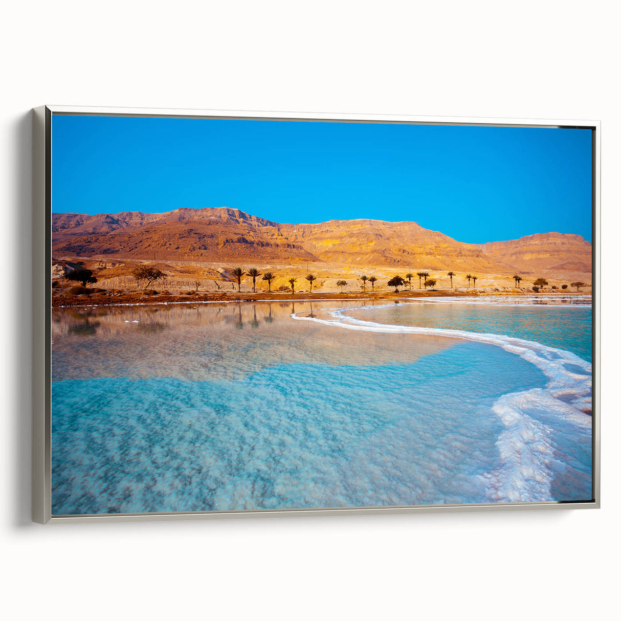 Framed canvas landscape art painting of the Dead Sea with muted blue and gray tones, ideal for living room decor.
