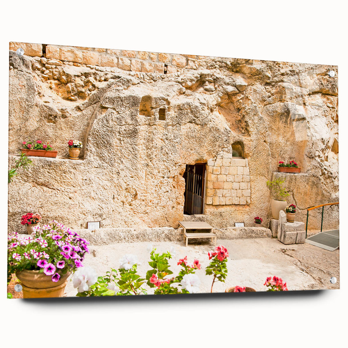 Acrylic print of Jerusalem scenery in muted earth tones, ideal for dining room decor.