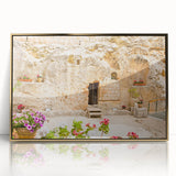 Mid-century modernist acrylic print of Jerusalem skyline in gold and muted tones, ideal for nursery wall decor.