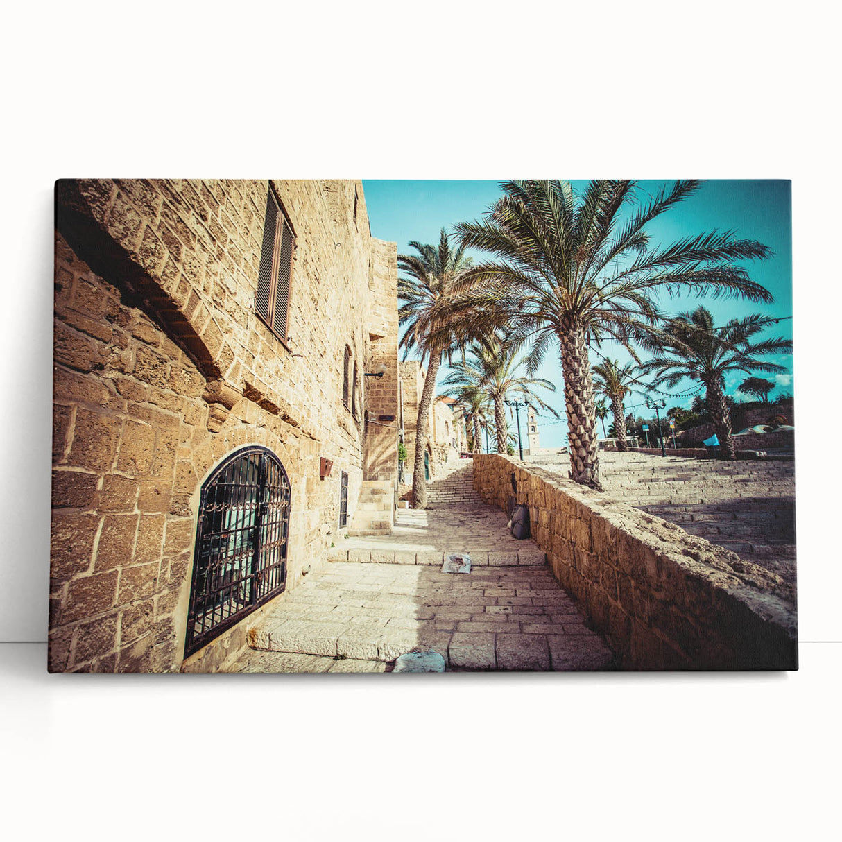 Black and white stretched canvas of Tel Aviv cityscape, ideal for kitchen wall art or bedroom ambiance.