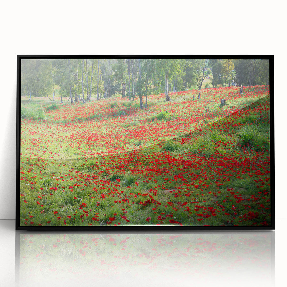 Large abstract wall art featuring a minimalist mid-century modernist scene of the Middle East, framed in black acrylic.