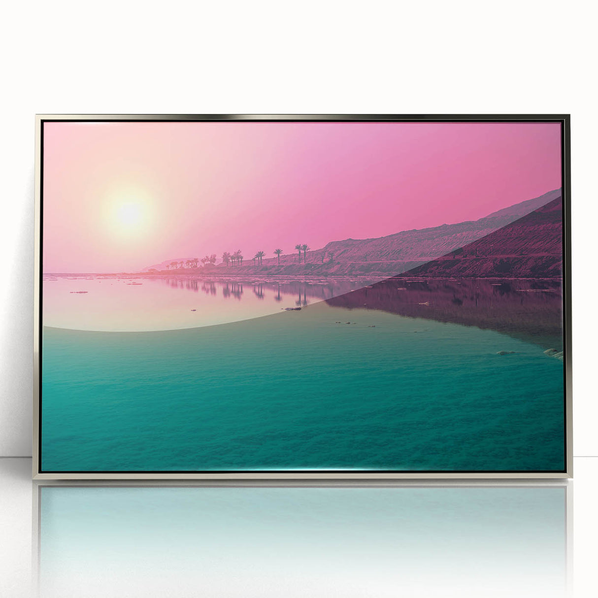 Mid-century modernist art depicting a scenic view of Jordan in silver-framed acrylic, ideal for modern art wall decor.