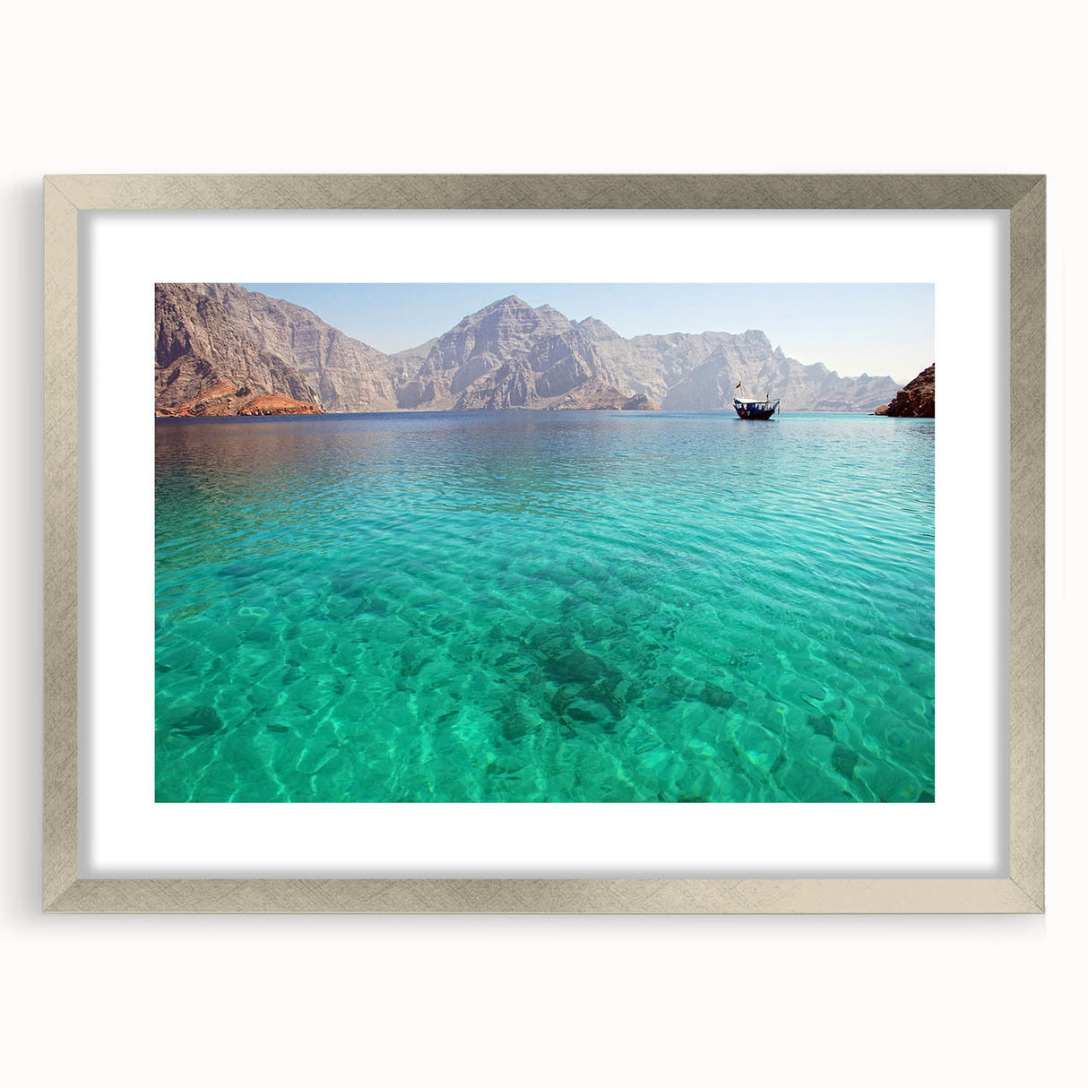 Textured abstract art print depicting a Middle Eastern scenery in muted earth tones on a framed silver mat.