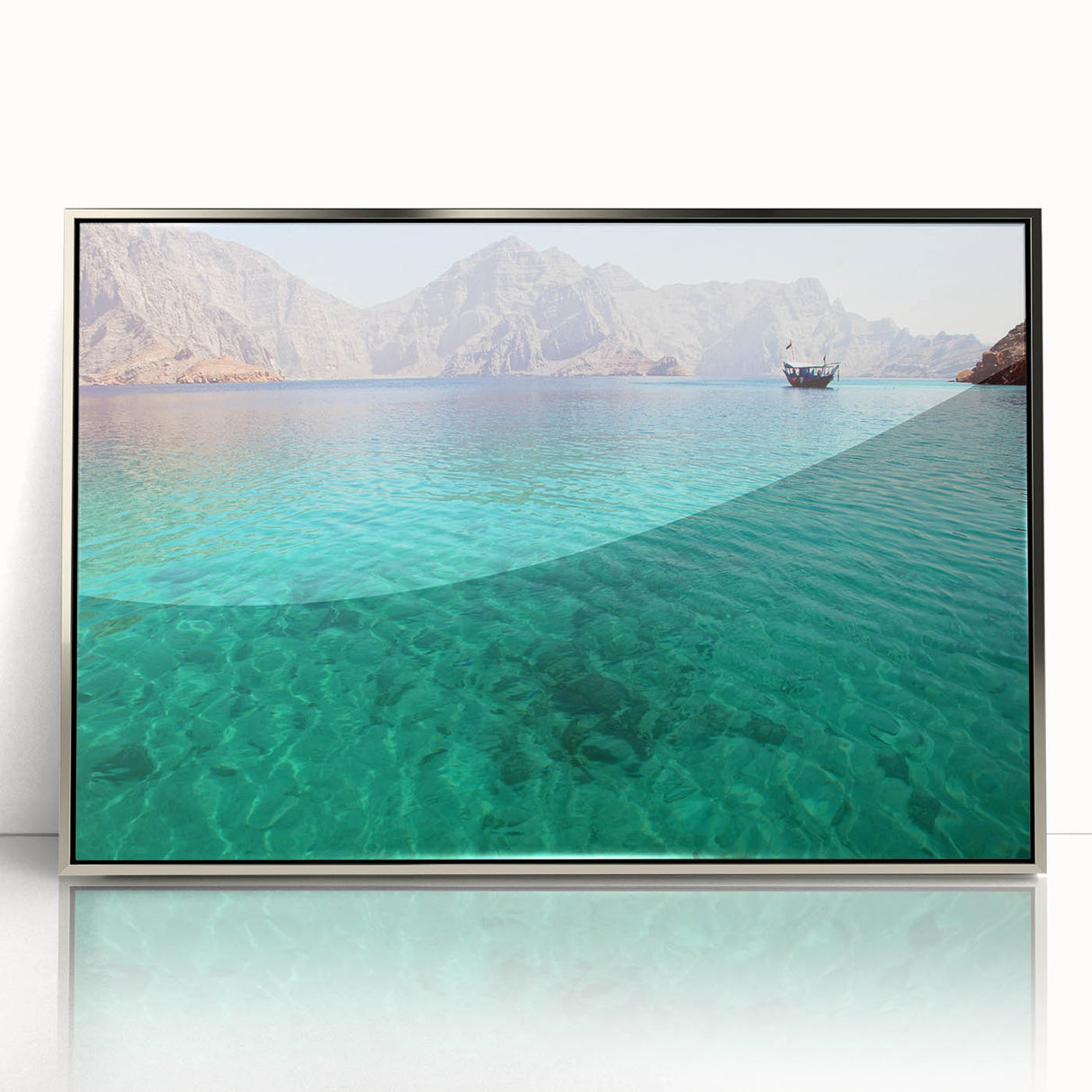 Mid-century modernist art depicting a serene Omani landscape in muted earth tones, framed acrylic.