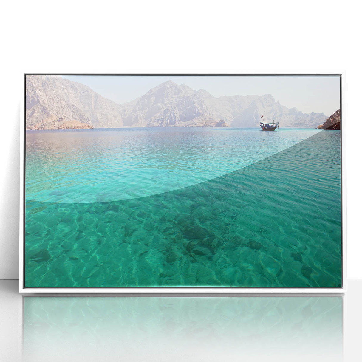 Acrylic print of an art deco-style Oman scenery, with neutral and earthy tones, framed in white.