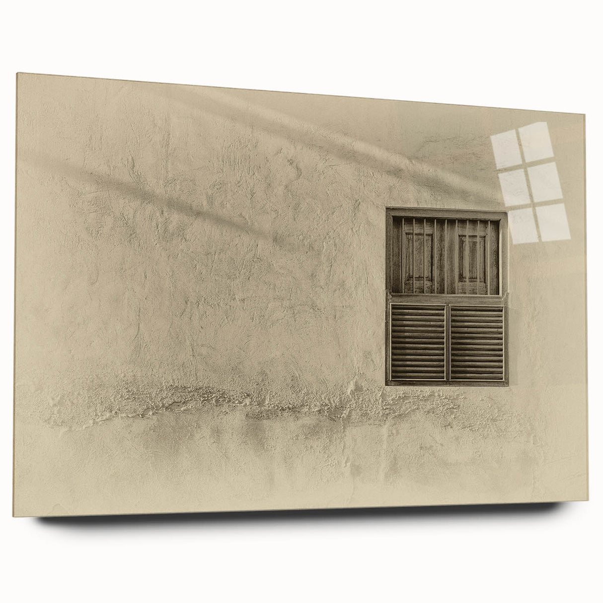 Acrylic glass print of a large abstract depiction of Qatar scenery in earth tones, ideal for bedroom or dining room art.