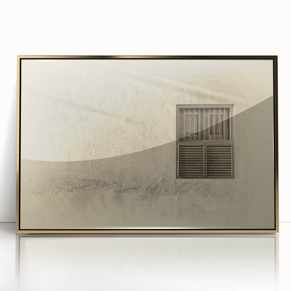 Acrylic print of a Qatar cityscape in gold and bronze tones, framed, ideal for modern art wall decor.
