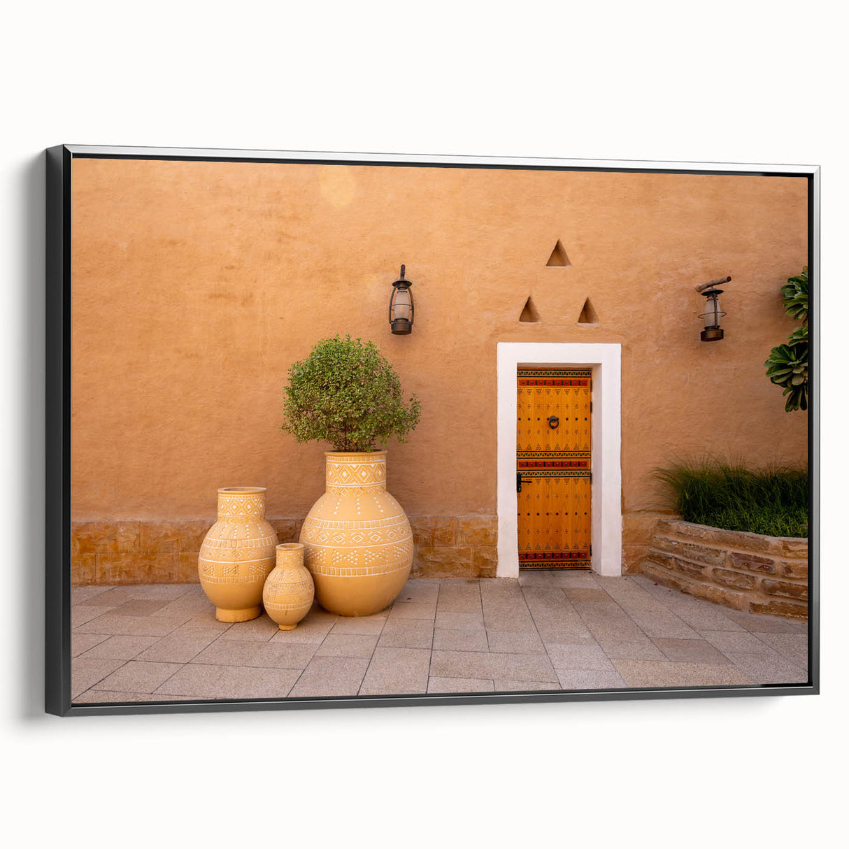 Black and white landscape painting of a desert scene on framed canvas, ideal for bedroom wall art.