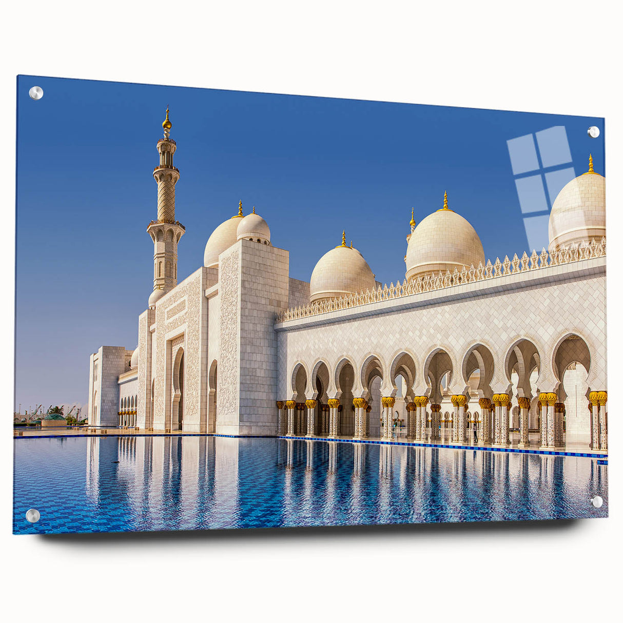 Acrylic print of a large abstract depiction of the Abu Dhabi skyline in muted earth tones, ideal for dining room decor.