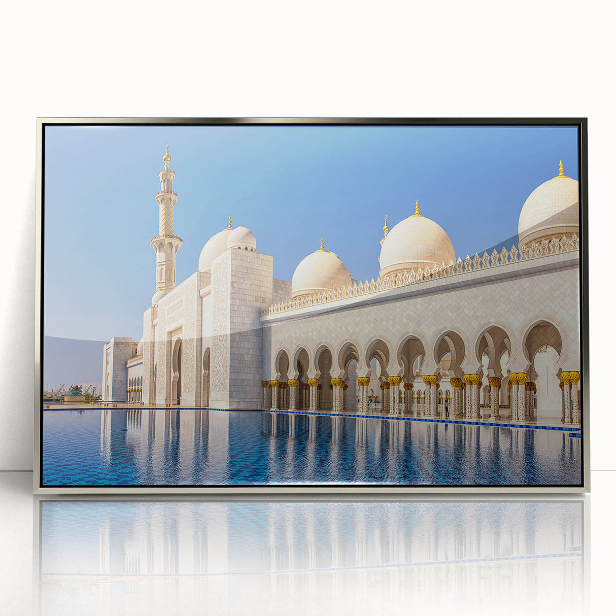 Mid-century modernist art of Abu Dhabi skyline in silver framed acrylic, suitable for modern art wall decor.