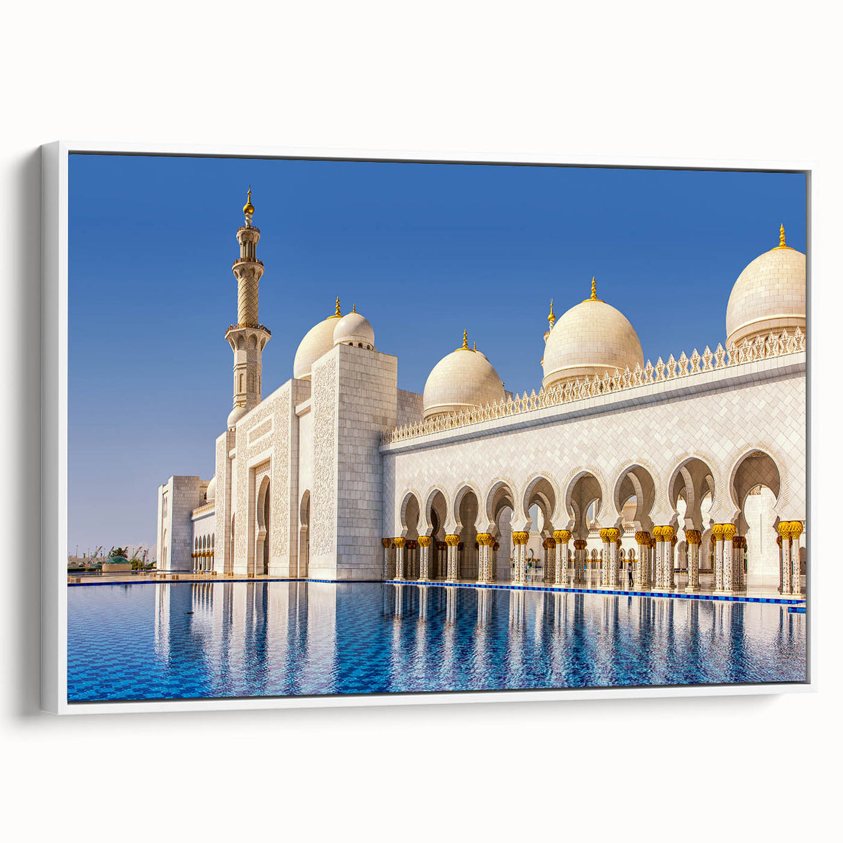 Vintage poster art of Abu Dhabi skyline with colorful palette on extra large framed canvas, ideal for living room decor.