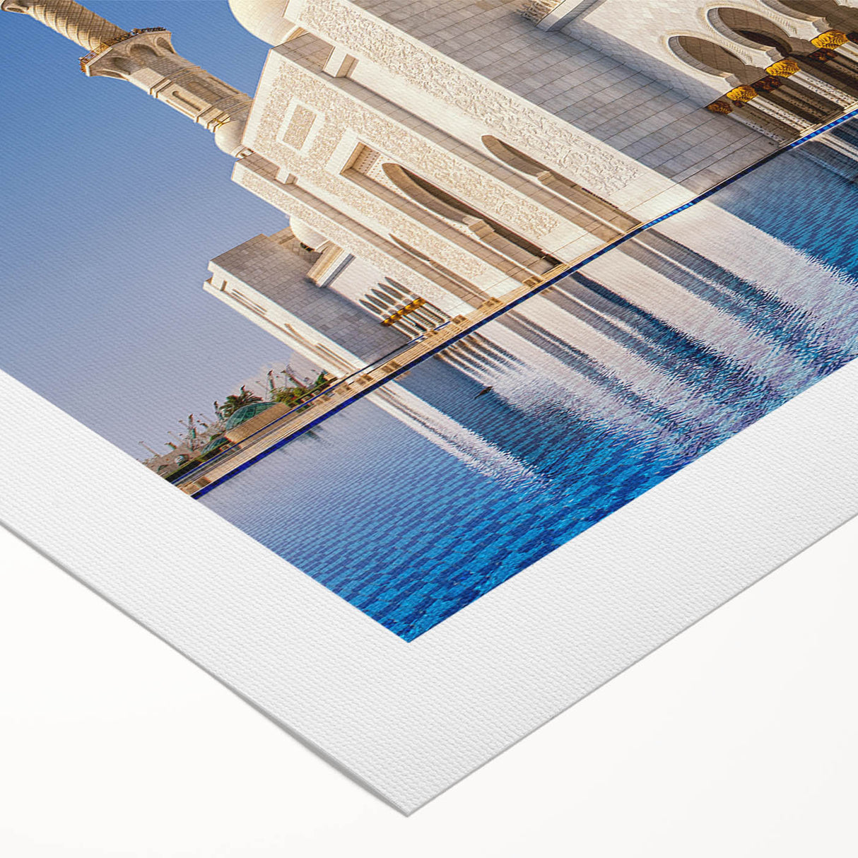 Art deco poster featuring the Abu Dhabi skyline in muted gold and blue tones on rolled canvas.