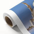 Art deco poster of Abu Dhabi skyline in pastel shades on rolled canvas, ideal for nursery wall art.