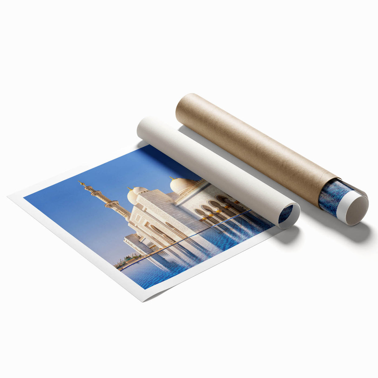 Extra large rolled print of Abu Dhabi skyline with soft pink and blue hues, ideal for classy bathroom wall art.