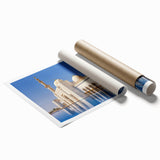 Extra large rolled print of Abu Dhabi skyline with soft pink and blue hues, ideal for classy bathroom wall art.