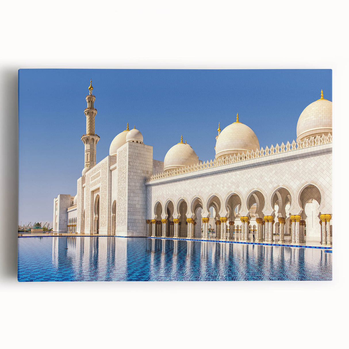Black and white stretched canvas of Abu Dhabi skyline, ideal for kitchen wall art.
