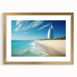 Extra large abstract art print of Burj Al Arab in textured style, using gold and blue tones, framed with mat.