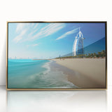 Large art print of Burj Al Arab with a gold frame, featuring mid-century modernist style in muted gold and blue tones.