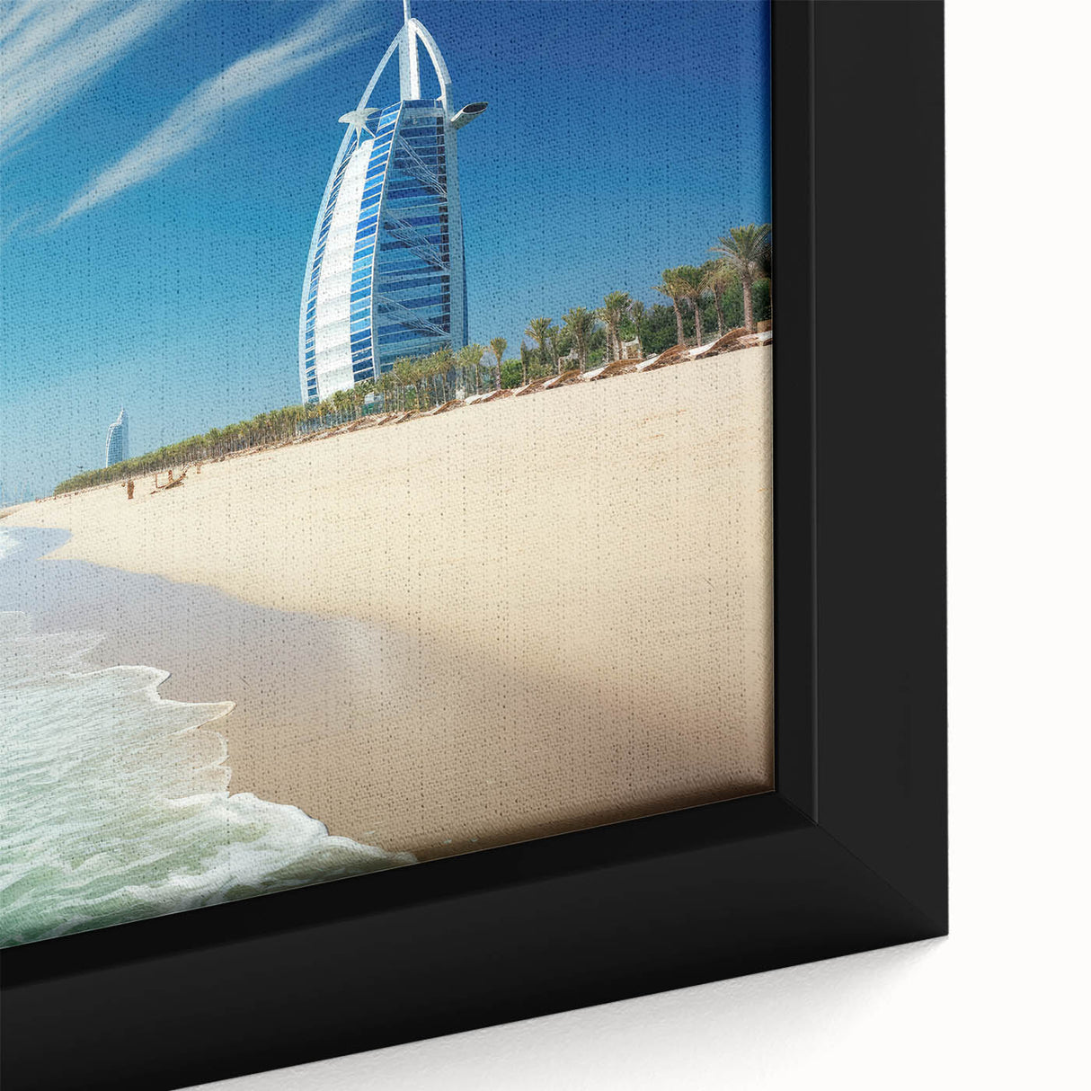 Extra large framed canvas featuring a textured black depiction of the Burj Al Arab, highlighted with colorful accents.