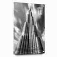 Acrylic print of the Burj Khalifa in muted gray tones, ideal for modern living room or dining room decor.