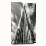 Acrylic print of the Burj Khalifa in muted gray tones, ideal for modern living room or dining room decor.
