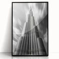 Large abstract wall art of the Burj Khalifa in muted gray tones, acrylic print in a black frame.