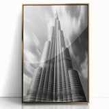 Framed acrylic print of the Burj Khalifa in gold tones, ideal for modern art wall decor.