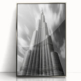 Mid-century modernist art of Burj Khalifa in muted silver tones on a framed acrylic print.