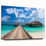 Large abstract wall art of a serene Fiji ocean view in muted blue tones, printed on acrylic glass.
