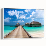 Vintage poster art of a Fiji scenery on framed canvas, featuring vibrant colors, ideal for large living room walls.