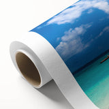 Art Deco style poster of a serene Fiji landscape on rolled canvas, using soft blue and green tones.
