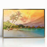 Large abstract wall art depicting the serene Bora Bora landscape in muted blues and greens, framed in gold acrylic.