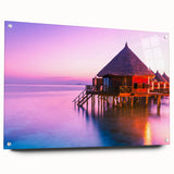 Acrylic glass print of a Tahitian landscape, featuring ocean blues and lush greens, ideal for bedroom or dining room decor.