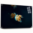 Large abstract wall art depicting Micronesia scenery in muted blue tones on acrylic glass.