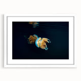 Abstract art print of Micronesian oceanic scenery in muted blue tones on a white-framed canvas.