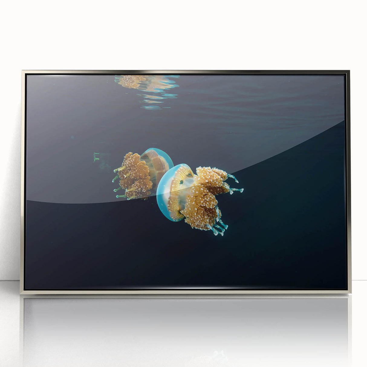 Mid-century modernist art of a serene Oceania landscape in muted blues and greens, silver-framed acrylic.