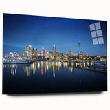 Large abstract wall art of Auckland skyline in muted blue tones on acrylic glass, ideal for bedroom or dining room decor.