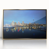 Mid-century modernist art depicting the Auckland skyline in muted blue and gold tones, framed acrylic print.