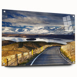 Acrylic print of a large abstract depiction of Canterbury, New Zealand, in muted blue and green tones.