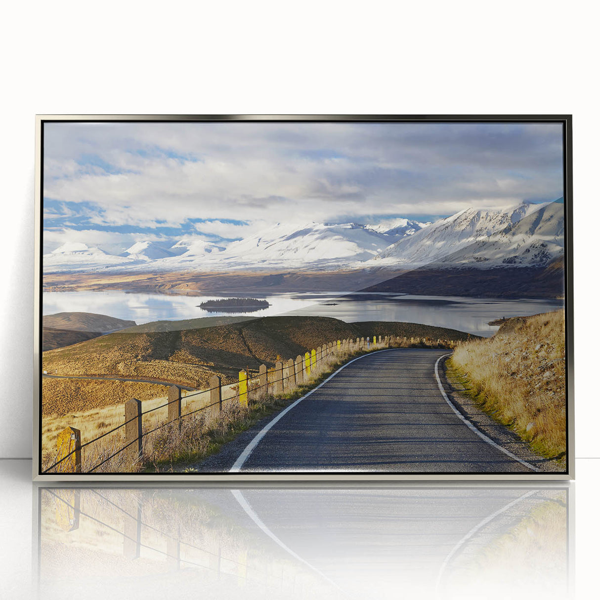 Mid-century modernist art depicting Canterbury, New Zealand scenery in muted earth tones on a silver-framed acrylic.