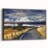 Black and white wall art featuring a vintage poster-style landscape of Canterbury, New Zealand on a framed canvas.