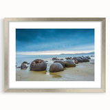 Abstract art print of Otago, New Zealand in silver frame, featuring cool blue and green tones, ideal for dining room decor.