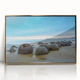 Large art print of Otago, New Zealand landscape in mid-century modernist style, framed in gold acrylic.