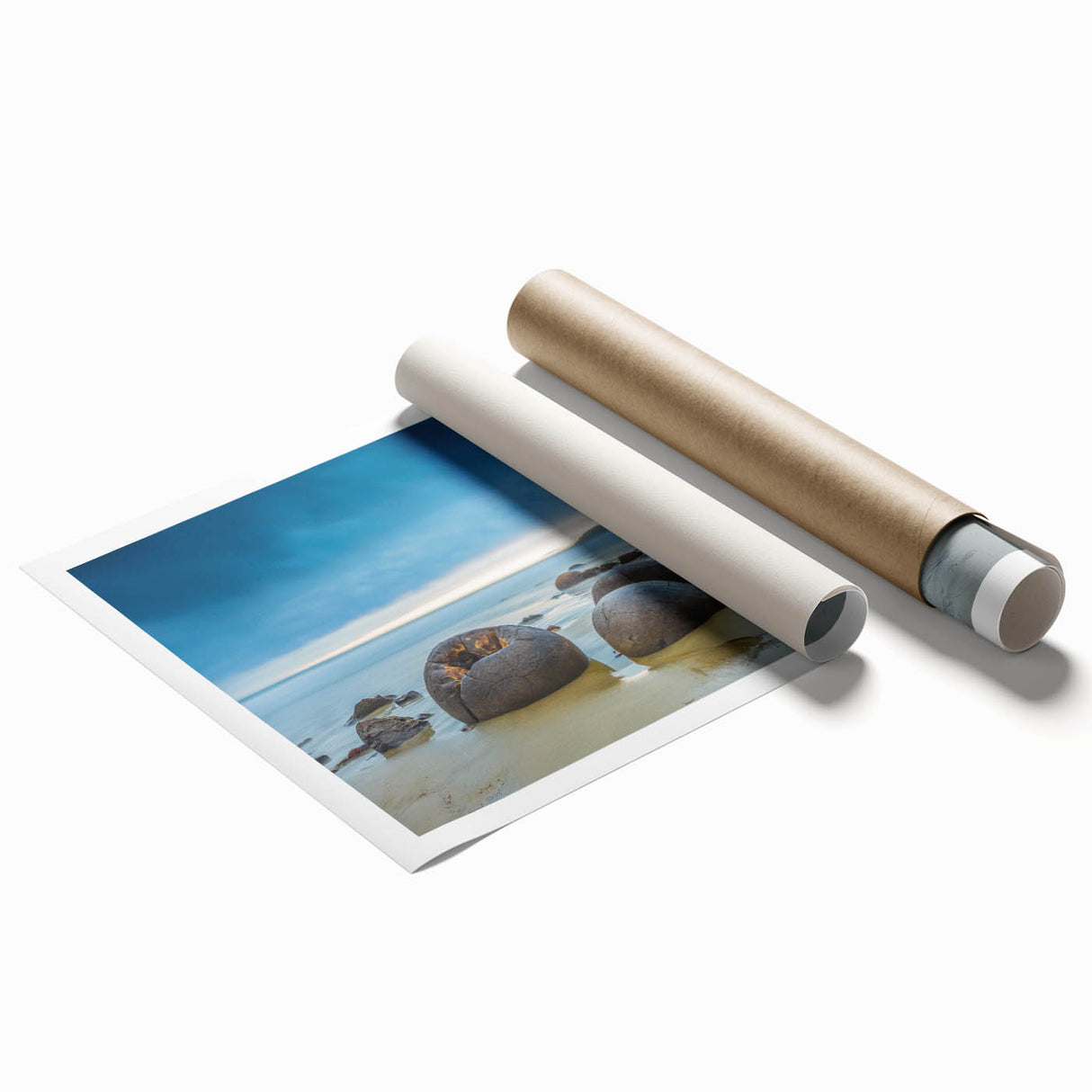 Extra large rolled print of Otago, New Zealand scenery with vibrant green and blue tones, ideal for classy bathroom wall art.