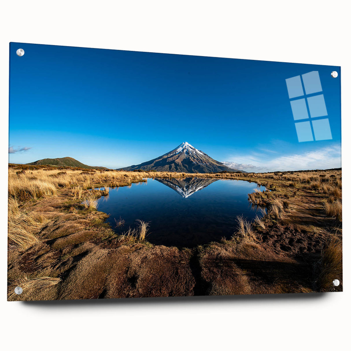 Acrylic print of Taranaki, New Zealand featuring muted earth tones, ideal for bedroom or dining room decor.