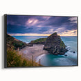 Black and white framed canvas depicting a vintage-style New Zealand West Coast landscape, ideal for bedroom wall art.